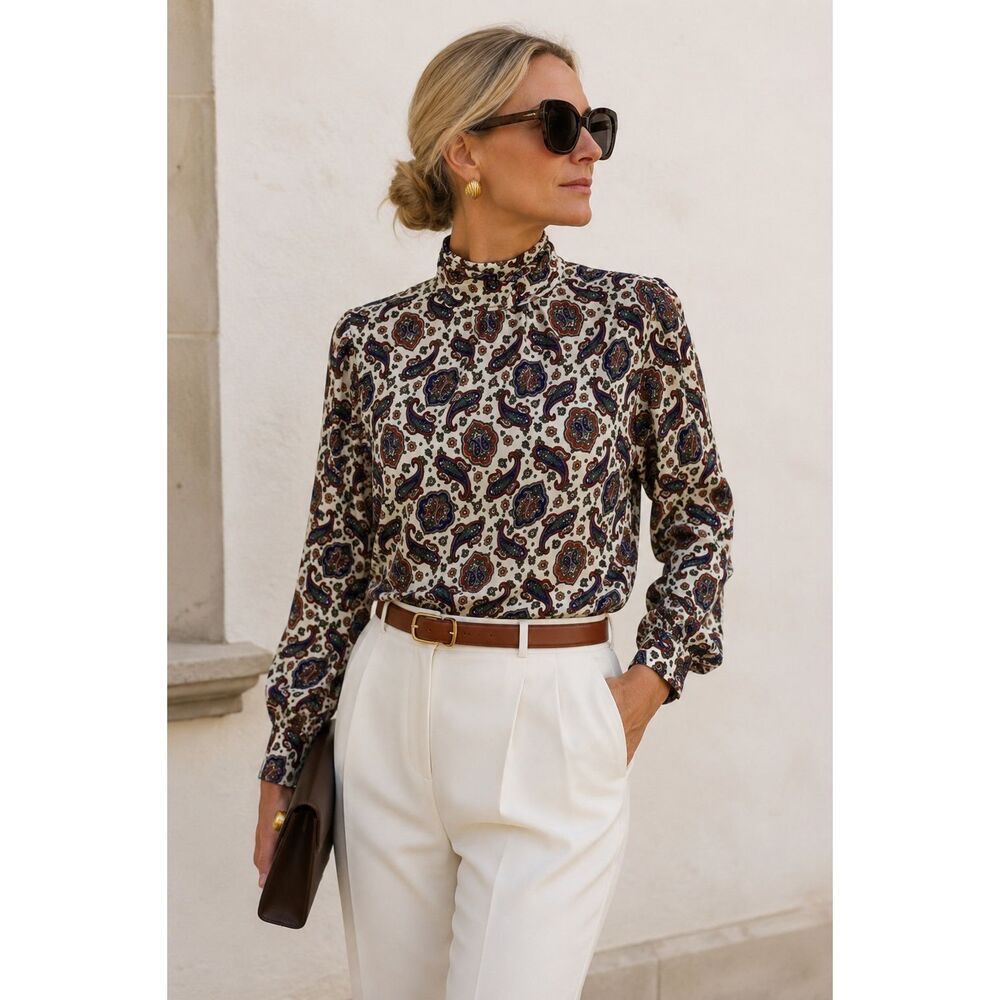 Vintage Eva Laurel Long Sleeve Paisley Blouse Shoulder Pads Sz 14 80’s